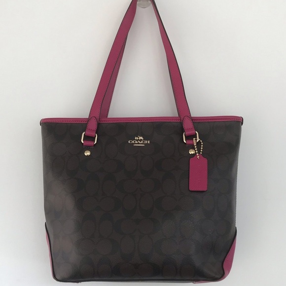 Coach Handbags - Coach City Tote Bag in Signature Coated Canvas with magenta leather accents